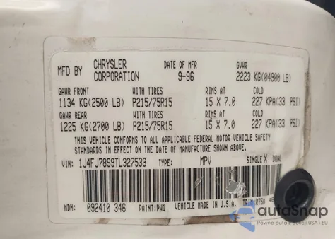 1996 Jeep Cherokee Country из США, поврежденный, VIN 1J4FJ78S9TL327533